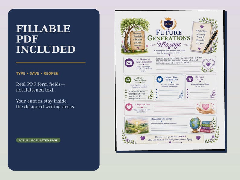 Pu&ograve; includere: Un modello di documento digitale intitolato Future Generations Message con campi PDF compilabili. La pagina presenta illustrazioni di un albero, un mappamondo, libri e cuori, con sezioni per consigli, valori e speranze per il futuro in un layout bianco.
