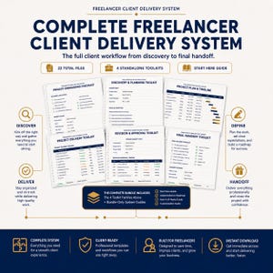 May include: A digital document bundle titled Complete Freelancer Client Delivery System, featuring five printed templates: Project Onboarding Checklist, Discovery & Planning Toolkit, Project Plan & Timeline, Project Delivery Toolkit, and Final Handoff Toolkit.