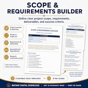 Puede incluir: Una plantilla de gestión de proyectos digital titulada Scope & Requirements Builder. Incluye un documento principal, un ejemplo completado y una guía de inicio rápido. El diseño muestra un índice y cinco iconos de proceso.
