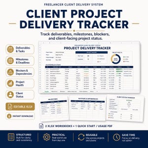 May include: A digital project management tool titled Freelancer Client Delivery System. It features a spreadsheet interface for tracking tasks, milestones, and project health, including tables for deliverables, blockers, and client status updates.