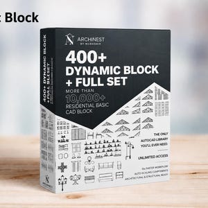Peut inclure: Un coffret noir et blanc intitulé 400+ Dynamic Block + Full Set, contenant plus de 10 000 blocs CAO résidentiels de base. L'emballage présente des symboles architecturaux, des schémas structurels et le logo de la marque Archinest by Mubashir.