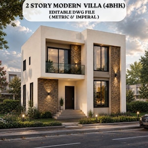 May include: A two-story modern villa architectural design featuring a beige facade with stone accents, large windows, and a balcony. The text reads: 2 STORY MODERN VILLA (4BHK) EDITABLE DWG FILE ( METRIC & IMPERAL ).