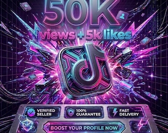 Puede incluir: Un gráfico digital con un logotipo de TikTok en 3D rodeado de ráfagas de luz de neón púrpura y azul. El texto dice 50K views + 5k likes, Verified Seller, 100% Guarantee, Fast Delivery, Boost Your Profile Now y SocialGrowthEP en un estilo futurista.