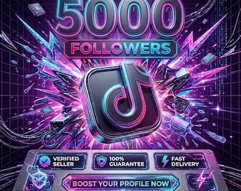 Puede incluir: Un gráfico digital con el texto 5000 FOLLOWERS sobre un logotipo de TikTok. Debajo, un panel metálico muestra VERIFIED SELLER, 100% GUARANTEE, FAST DELIVERY y el texto BOOST YOUR PROFILE NOW, con la marca SocialGrowthEP en la parte inferior.