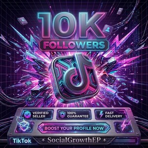 May include: A digital graphic featuring the text 10K FOLLOWERS in neon blue and pink, centered above a 3D TikTok logo. Below, a metallic panel displays VERIFIED SELLER, 100% GUARANTEE, FAST DELIVERY, and the button text BOOST YOUR PROFILE NOW.
