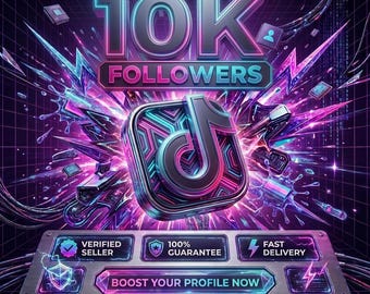 Puede incluir: Un gráfico digital con el texto 10K FOLLOWERS en azul y rosa neón, centrado sobre un logo de TikTok en 3D. Debajo, un panel metálico muestra VERIFIED SELLER, 100% GUARANTEE, FAST DELIVERY y el botón con el texto BOOST YOUR PROFILE NOW.