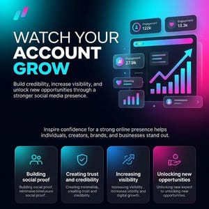May include: A digital graphic with a dark background featuring the text WATCH YOUR ACCOUNT GROW. It displays a chart with upward-trending bars and engagement metrics. Four rounded rectangular boxes below list building social proof, creating trust and credibility, increasing visibility, and unlocking new opportunities.