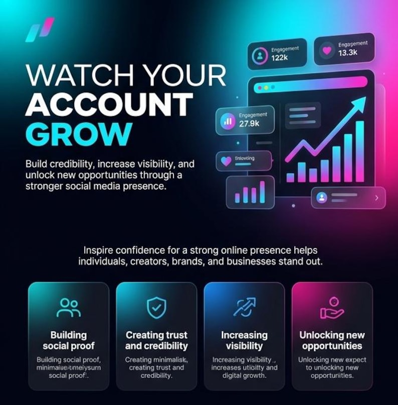 May include: A digital graphic with a dark background featuring the text WATCH YOUR ACCOUNT GROW. It displays a chart with upward-trending bars and engagement metrics. Four rounded rectangular boxes below list building social proof, creating trust and credibility, increasing visibility, and unlocking new opportunities.