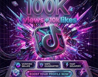 Może przedstawiać: Cyfrowa grafika przedstawiająca logo TikTok w metalicznym, neonowym stylu z fioletowymi i niebieskimi akcentami. Tekst zawiera 100K views + 10k likes, Verified Seller, 100% Guarantee, Fast Delivery, Boost Your Profile Now oraz SocialGrowthEP.