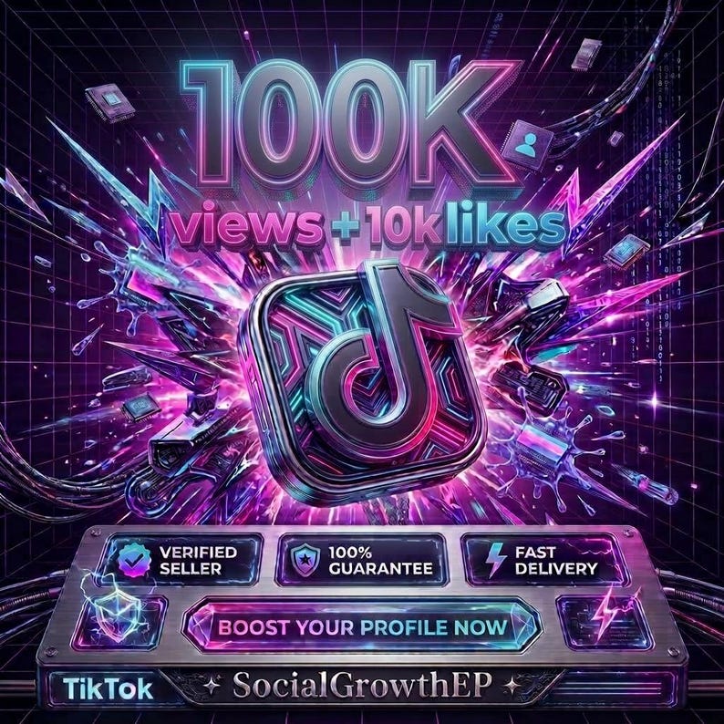 Puede incluir: Un gr&aacute;fico digital que presenta el logotipo de TikTok en un estilo met&aacute;lico y de ne&oacute;n con acentos p&uacute;rpuras y azules. El texto dice 100K views + 10k likes, Verified Seller, 100% Guarantee, Fast Delivery, Boost Your Profile Now y SocialGrowthEP.