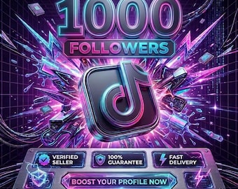Puede incluir: Un gráfico digital con el texto 1000 FOLLOWERS sobre un logotipo de TikTok en 3D. Debajo, un panel metálico muestra VERIFIED SELLER, 100% GUARANTEE, FAST DELIVERY y el texto BOOST YOUR PROFILE NOW, con TikTok y SocialGrowthEP en la parte inferior.
