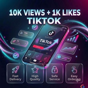 May include: A smartphone displaying a TikTok profile with the text 10K VIEWS + 1K LIKES TIKTOK. The screen shows social media metrics, charts, and icons. Below are four glass-style buttons labeled Fast Delivery, High Quality, Safe Service, and Easy Ordering.