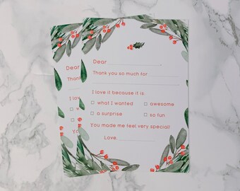 Christmas Wreath Fill in the Blank Thank You Notes – Children's Stationery Custom Postcards – Notecard – Set of 12