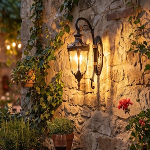 Puede incluir: Un farol de pared de metal negro con paneles de vidrio que emite una luz amarilla cálida, fijado a una pared de piedra texturizada. El farol presenta un brazo curvo ornamentado y un remate decorativo, proyectando un brillo suave al entorno.