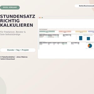 May include: An Excel template for calculating hourly rates, featuring a dashboard with data tables, bar charts, and a pie chart. Text includes "STUNDENSATZ RICHTIG KALKULIEREN", "BetterBusinessLab", "Stunde • Tag • Projekt", and "8 Tabellenblätter".