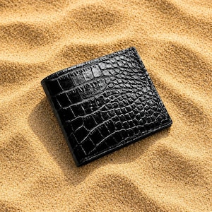 Peut inclure: Un portefeuille noir à deux volets présentant une surface brillante et texturée avec un motif gaufré distinctif en peau de crocodile. Le portefeuille est de forme carrée avec des bords droits et une finition polie qui reflète la lumière.