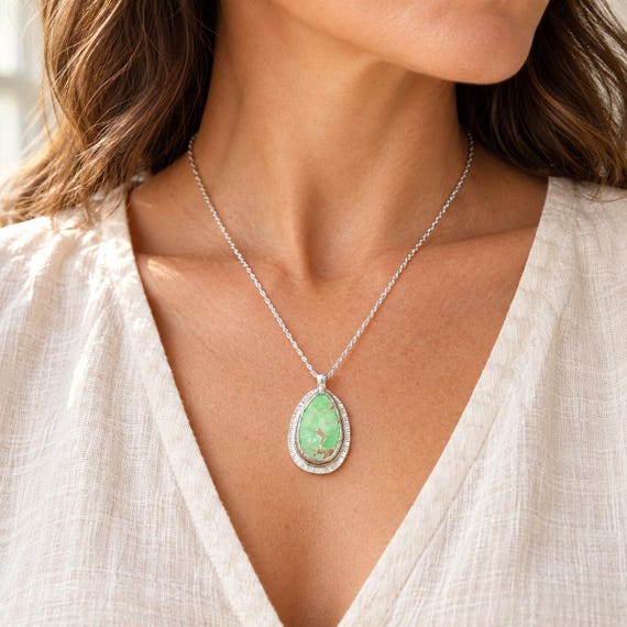 Utah Veriscite green stone pendant, set into my hand made sterling silver setting.
