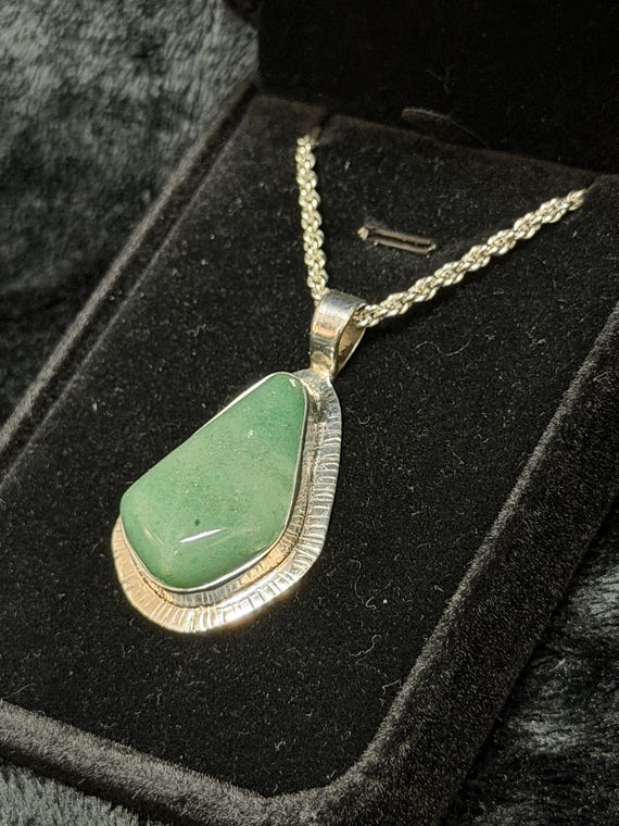 Handmade Green Stone Sterling Silver Pendant Necklace | 24" Rope Chain