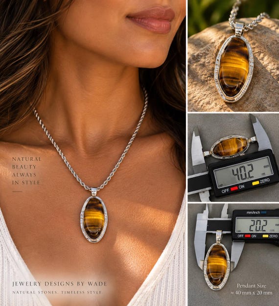Handcrafted Golden Tiger Eye Pendant Necklace | Sterling Silver 925 Artisan Gemstone Jewelry