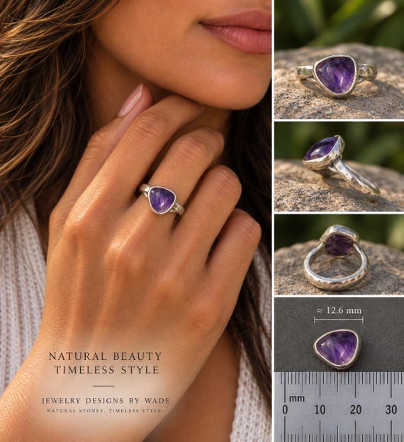 Natural Amethyst Sterling Silver Ring, Organic Triangular Cabochon, Artisan Handmade Jewelry (Size 4.5)