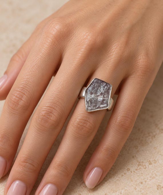 Large Raw Crystal Statement Ring | Sterling Silver Geometric Lavender Stone (Size 6.5)
