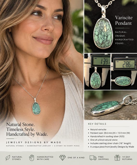 Natural Variscite Pendant Necklace Sterling Silver | Handmade Green Stone Jewelry | One of a Kind Artisan Pendant