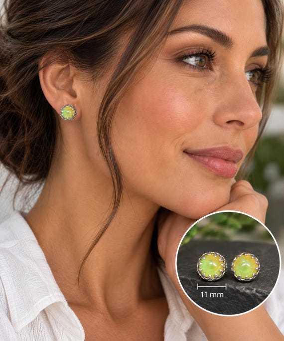 Handmade Variscite Stud Earrings | Fine Silver, Green Gemstone, Botanical Style