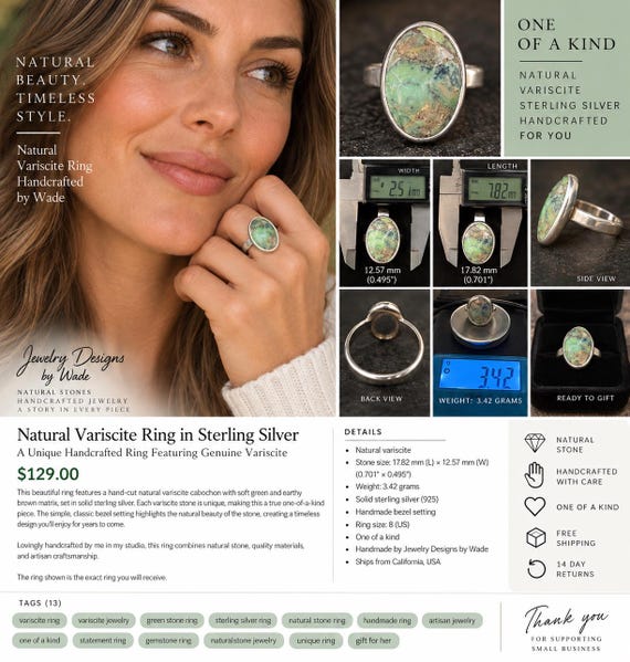 Handmade Sterling Silver Variscite Ring | Natural Green Gemstone, Size 9