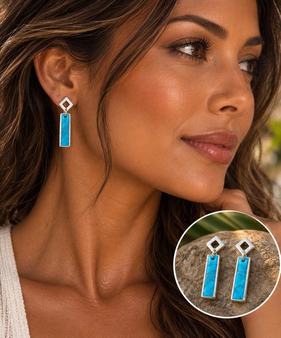 Handmade Turquoise Inlay Sterling Silver Drop Earrings – Geometric Dangle Jewelry