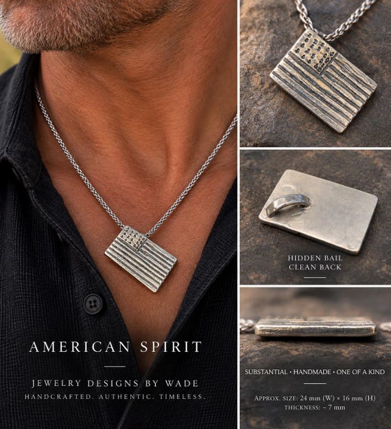 Handmade Sterling Silver American Flag Pendant | Solid 925 Patriotic Necklace | Artisan Jewelry