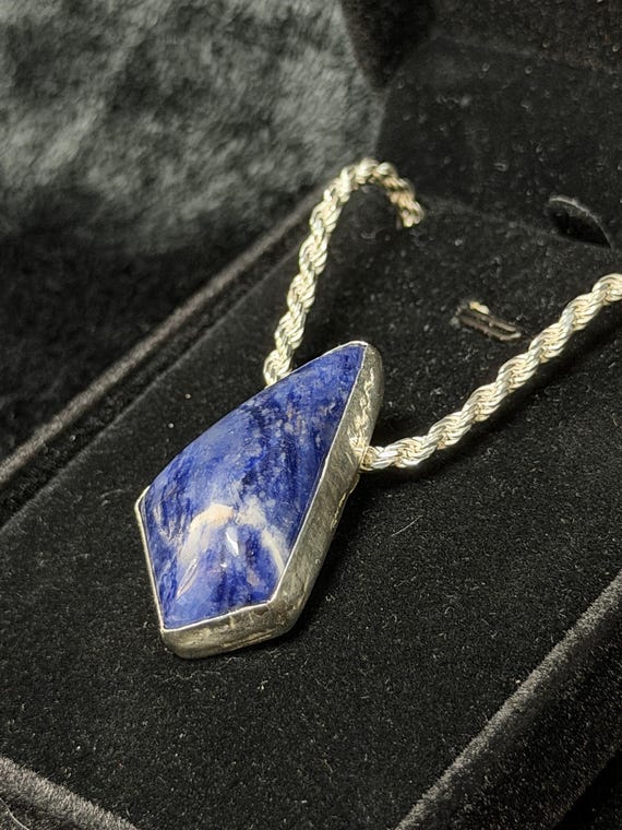 Handmade Blue Sodalite Sterling Silver Pendant Necklace | 24" Rope Chain