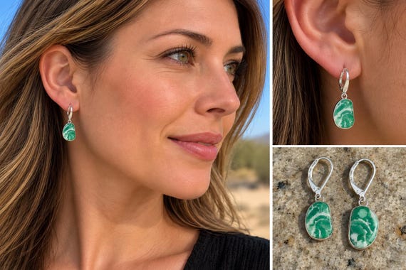 Natural Utah Variscite Earrings, Handmade Sterling Silver Dangle Earrings, One of a Kind Green Gemstone Jewelry