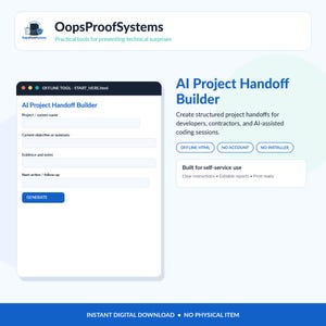 AI Project Handoff Builder, Offline HTML Tool, Coding Session Continuity Template, Markdown Report Generator