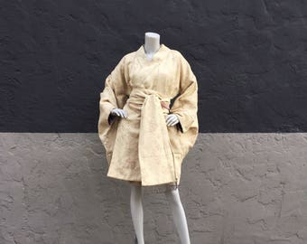 Winter Kimono Wrap Coat in Off-White Brocade with Lavender Dragon Satin Brocade Lining and Beaded Fringed Sash