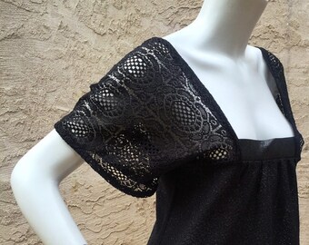 Bohemian Smock Tunic Top made from Black Sheer Sparkle Knit, Black Lace, and Upcycled Leather Detail