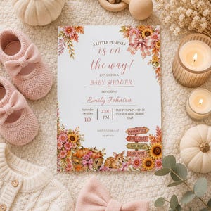 Plantilla de invitación para baby shower con temática de calabaza rosa / Invitación editable para baby shower de otoño / Invitación imprimible Coquette Autumn Pumpkin Patch
