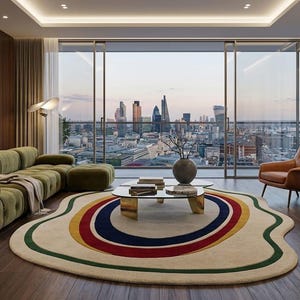 May include: A living room featuring a tufted olive green sofa, two tan leather armchairs, and a glass coffee table. An irregular cream-colored rug with concentric red, blue, and yellow rings sits on the dark wood floor before a city skyline view.