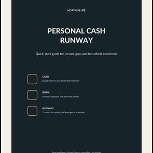 May include: A dark charcoal digital document titled Personal Cash Runway by Mortaise Life. It features a quick-start guide for income gaps and household transitions, with three checkboxes labeled Cash, Burn, and Runway, plus Excel and Google Sheets compatibility notes.