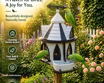 Puede incluir: Un comedero para pájaros blanco y negro con techo puntiagudo y un pequeño cuenco de agua, con tres loros verdes posados en la estructura. El texto dice BirdStation, A Haven for Birds, A Joy for You, Charming Garden Accent, Feed, Bath & Unwind, Durable, Weather-Resistant, Encourages Bird Visits Naturally y Bring Your Garden to Life.