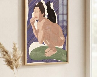 El Origen - Lámina artística - Ilustración contemporánea de una mujer y un gato negro, 33 x 49 cm