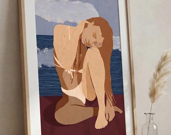 Sola con la Ola - Lámina artística - Ilustración minimalista bohemia femenina, arte mural de alquimia espiritual