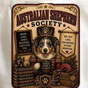 Op de afbeelding: Een witte draagtas met een afbeelding van een Australian Shepherd die een hoed en uniform in militaire stijl draagt en een mok vasthoudt met de tekst 'FUELED BY COFFEE & BALL CHASING'. Het ontwerp bevat de tekst 'AUSTRALIAN SHEPHERD SOCIETY' en 'PNG FILE ONLY'.