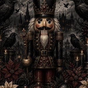 May include: A nutcracker figure in a dark uniform with gold accents, holding a scepter. The scene includes black ravens, lit candles, poinsettia flowers, and ornate Christmas ornaments against a backdrop of a moonlit castle and dark forest.