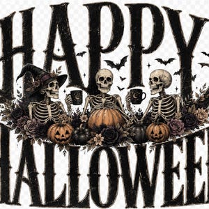 Happy Halloween Skeleton PNG, moody Halloween PNG, dark academia art