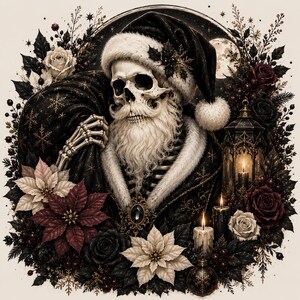 May include: A skeletal figure dressed as Santa Claus in a black coat with white fur trim and a matching hat, carrying a black sack. The scene is surrounded by dark roses, white poinsettias, a lit lantern, two candles, and a decorative ornament.