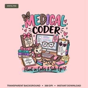 Könnte beinhalten: Eine digitale Grafik mit dem Text MEDICAL CODER und Fluent in Codes & Side-Eye. Die Abbildung zeigt einen Computer, einen Stapel Bücher mit der Aufschrift ICD-10, CPT, HCPCS und DRG, ein Klemmbrett, einen Kaffeebecher, eine Brille und Büromaterial.