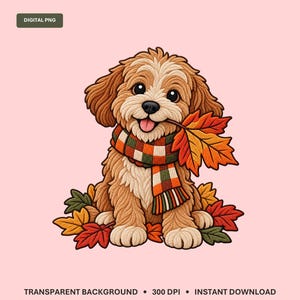 Pode incluir: Uma ilustração digital de um filhote de cachorro marrom e fofo usando um cachecol xadrez em laranja, verde e branco. O filhote segura uma folha de bordo laranja brilhante na boca e está sentado entre uma pilha de folhas de outono. Texto DIGITAL PNG.