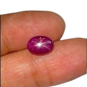 Pode incluir: Uma pedra preciosa de rubi estrela de forma oval e cor magenta profunda, apresentando um padrão distinto de estrela de seis raios em sua superfície de cabochão lisa e polida. A gema exibe uma cor vibrante e um efeito óptico luminoso.