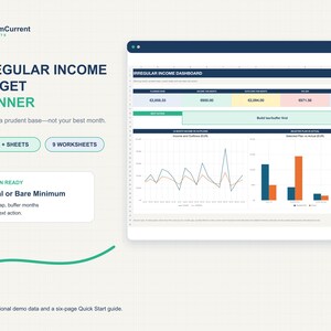 May include: An Irregular Income Budget Planner digital spreadsheet template by CalmCurrent. The interface displays an Irregular Income Dashboard with financial data, line graphs, and bar charts. Includes Excel and Sheets compatibility, nine worksheets, and a six-page Quick Start guide.