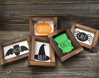 Wooden Halloween Sign - Kids - Personalized - Bat - Witch - Frankenstein - Pumpkin - Spider